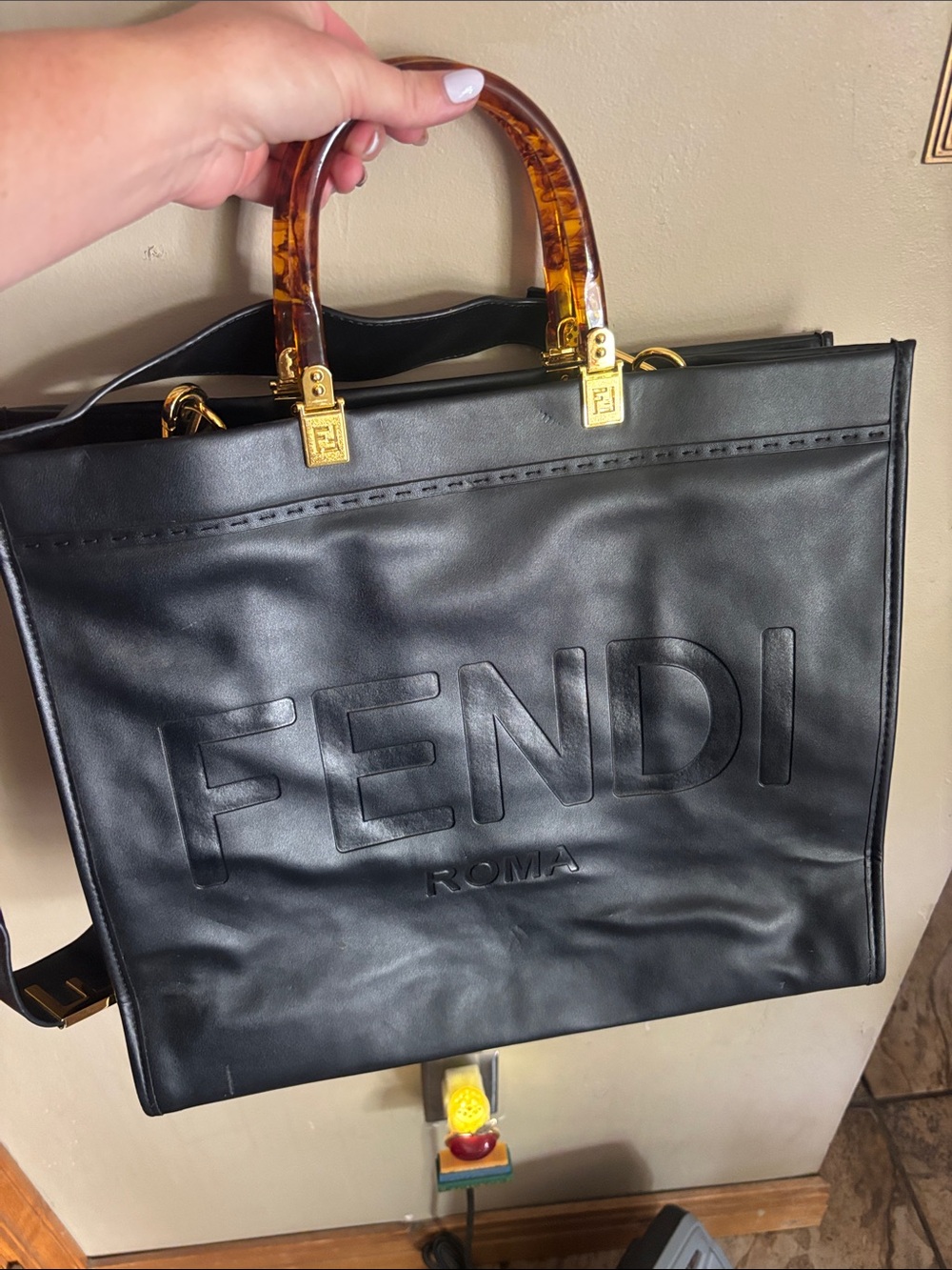 Black Leather Tote with Tortoiseshell Handles